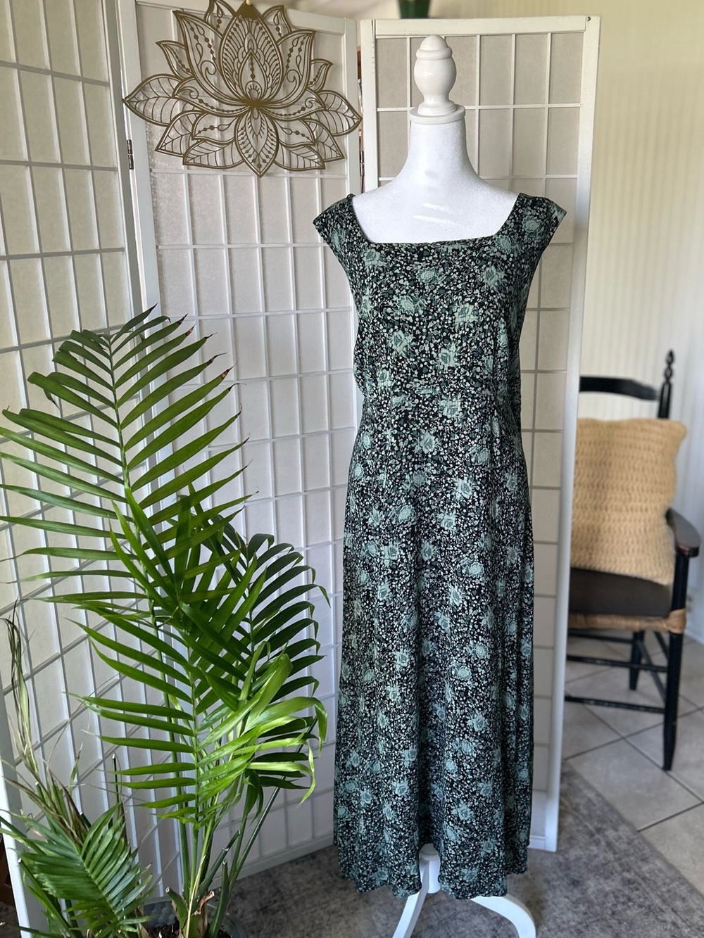 Plus Size 24W Navy & Sage Floral Maxi Dress -Boho Tie Back